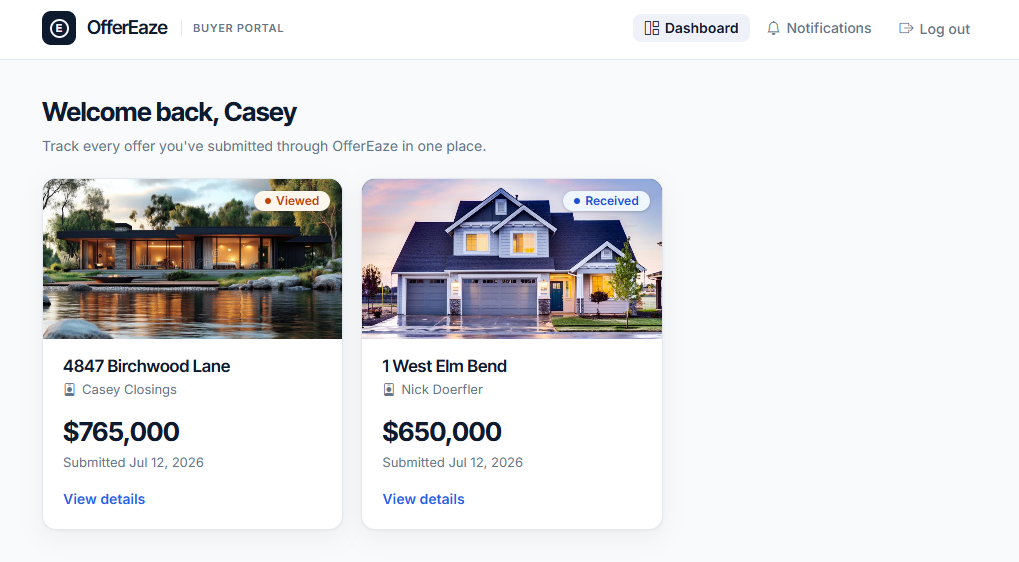 OfferEaze buyer's agent portal dashboard tracking submitted offers across listings