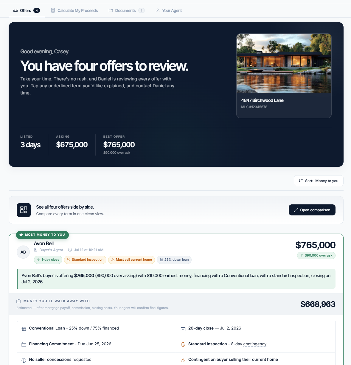 OfferEaze client portal showing four offers to review with the most money to you highlighted