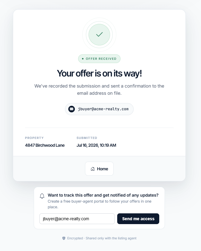 Offer form confirmation, the offer is on its way