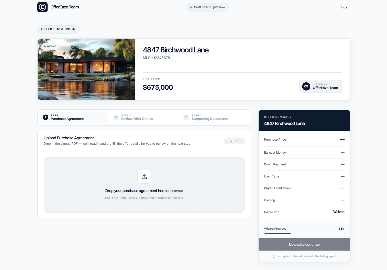 Offer form step 1, upload the signed purchase agreement