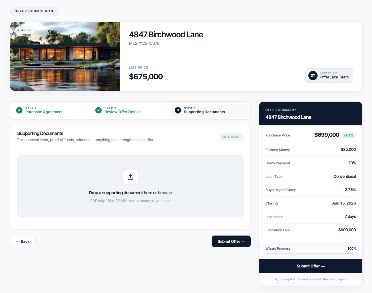 Offer form step 3, attach supporting documents
